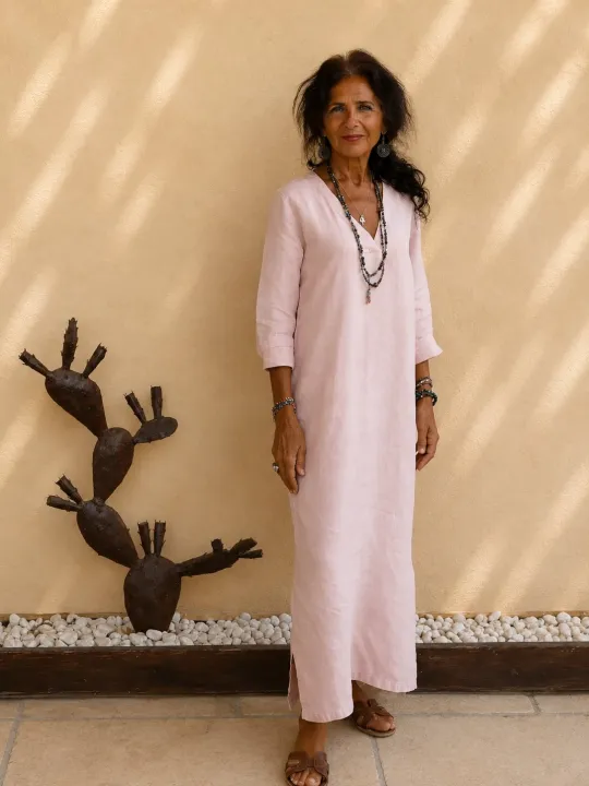 Robe longue en lin femme saumon Rustrel col V manches longues