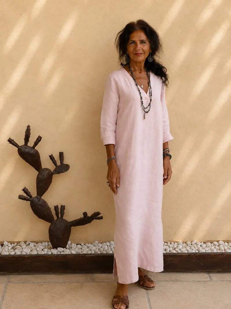 Robe longue en lin femme saumon Rustrel col V manches longues