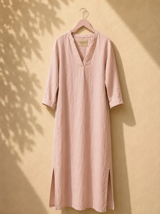 Robe longue en lin femme saumon Rustrel sur cintre en bois