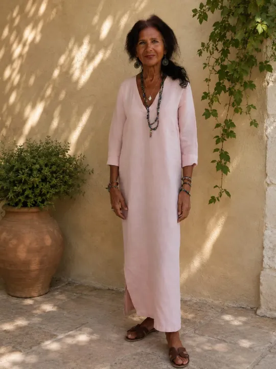 Robe longue en lin femme saumon Rustrel portée dans le Luberon