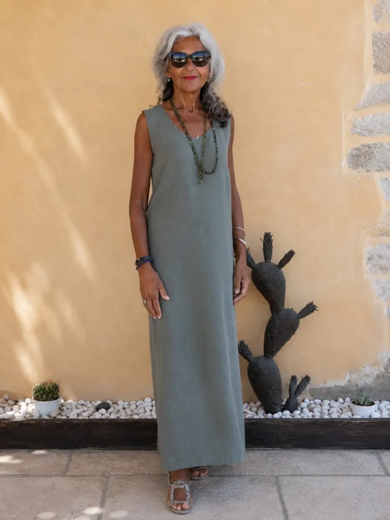 Women's khaki sleeveless linen maxi dress Lacoste front view