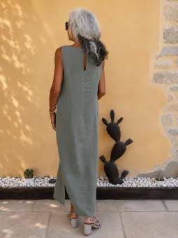 Women's khaki sleeveless linen maxi dress Lacoste back view