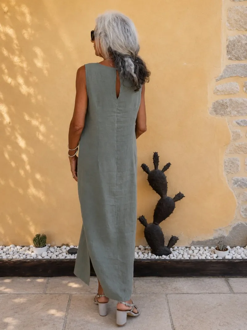Robe longue en lin femme kaki sans manches Lacoste vue de dos