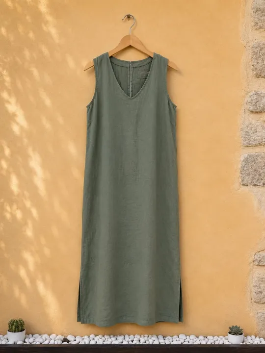 Robe longue en lin femme kaki sans manches Lacoste sur cintre