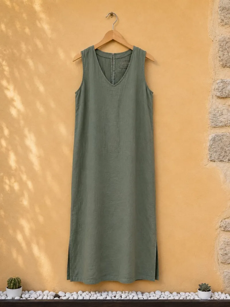 Women's khaki sleeveless linen maxi dress Lacoste on hanger