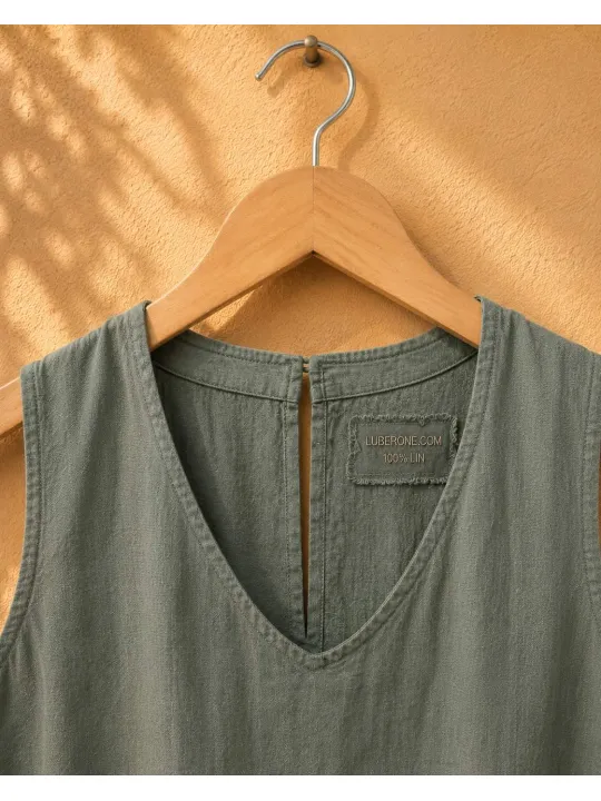 Col et étiquette de la robe longue en lin femme kaki Lacoste