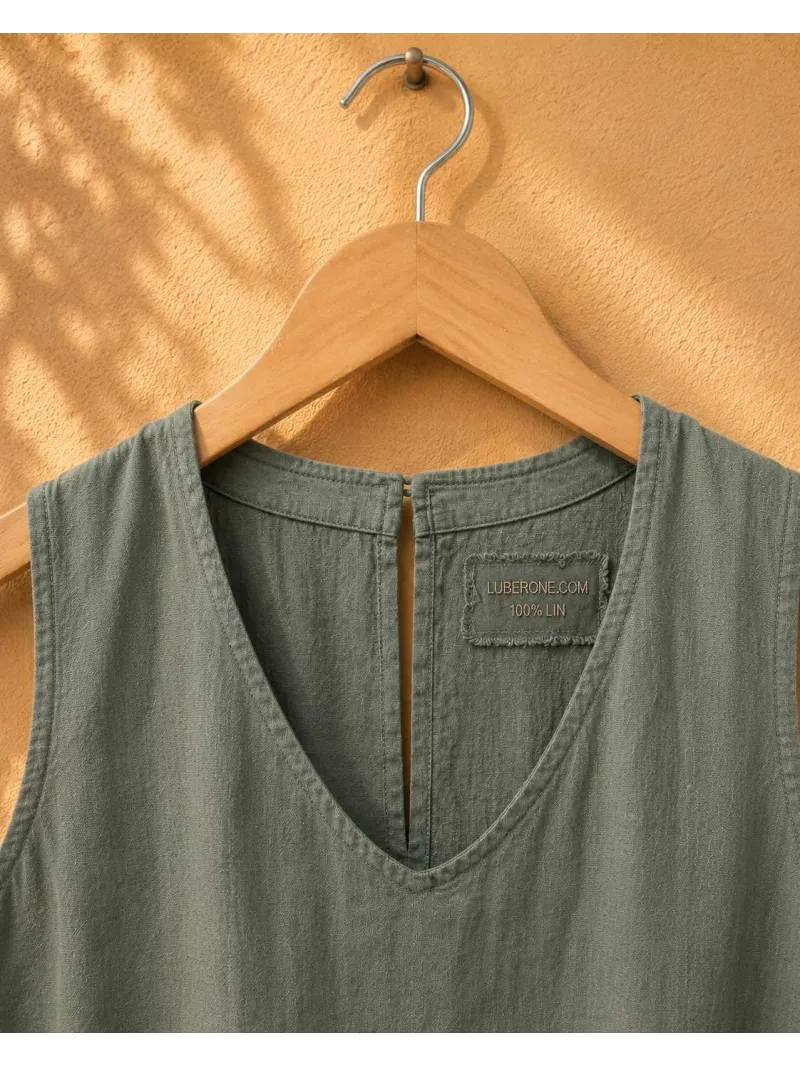 Col et étiquette de la robe longue en lin femme kaki Lacoste