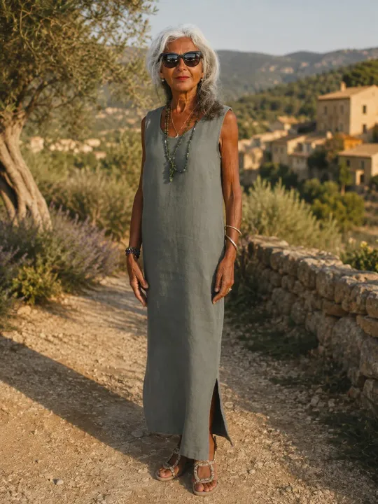Robe longue en lin femme kaki sans manches Lacoste portée dans le Luberon