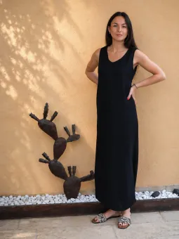 Women's Lacoste black sleeveless linen maxi dress front view