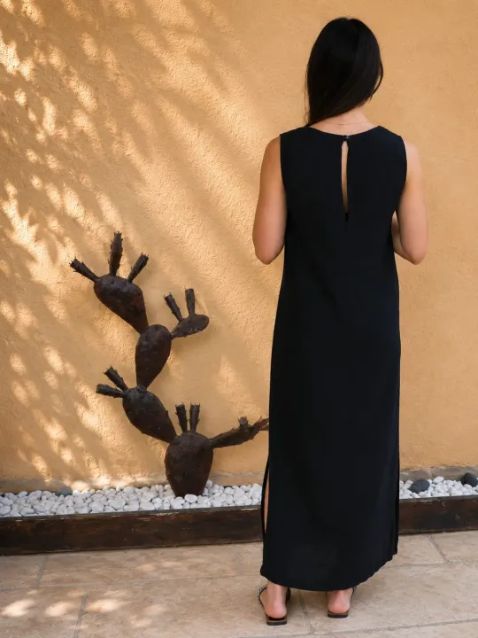 Women's Lacoste black sleeveless linen maxi dress back view