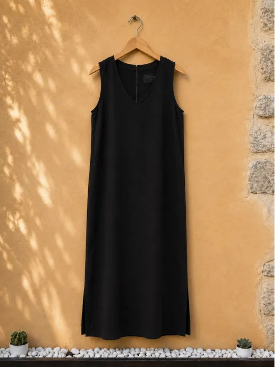 Robe longue en lin femme noire sans manches Lacoste sur cintre