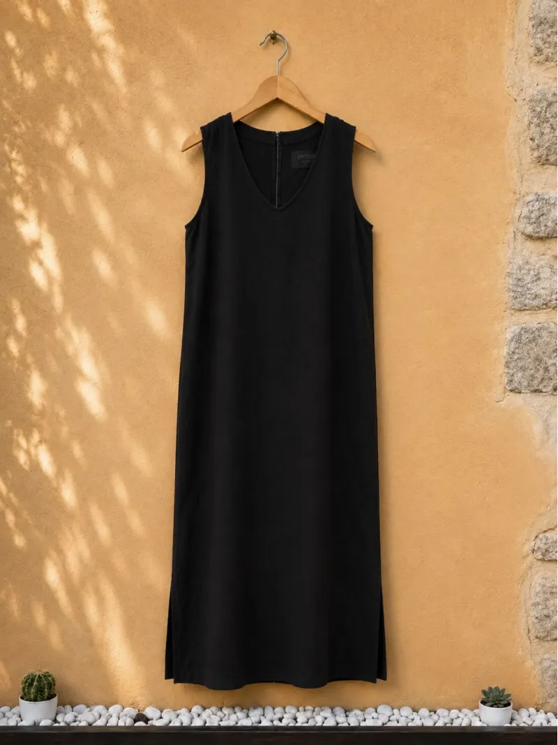 Robe longue en lin femme noire sans manches Lacoste sur cintre