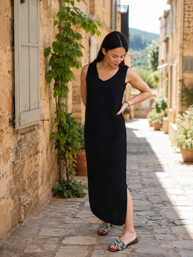 Robe longue en lin femme noire sans manches Lacoste portée dans le Luberon