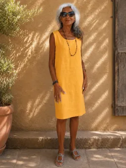 Robe en lin femme moutarde sans manches Lourmarin vue de face