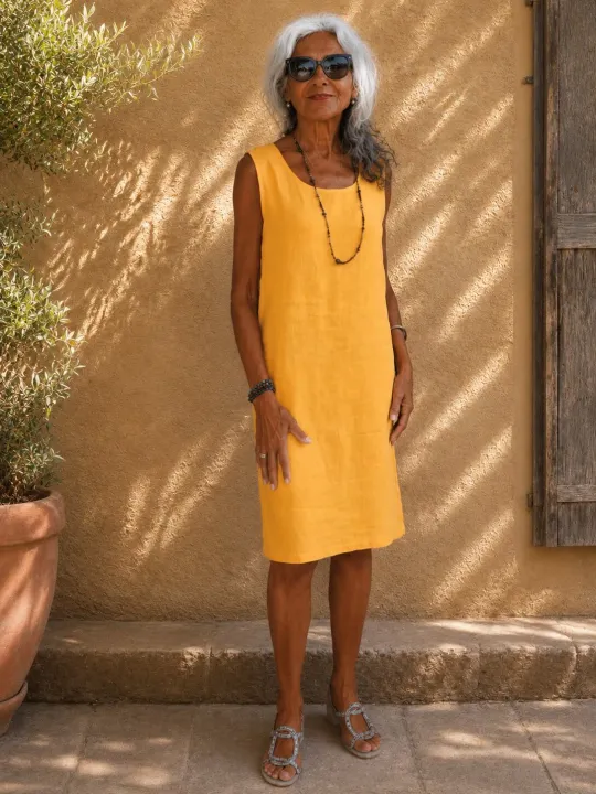 Mustard linen dress for women, sleeveless Lourmarin, front view