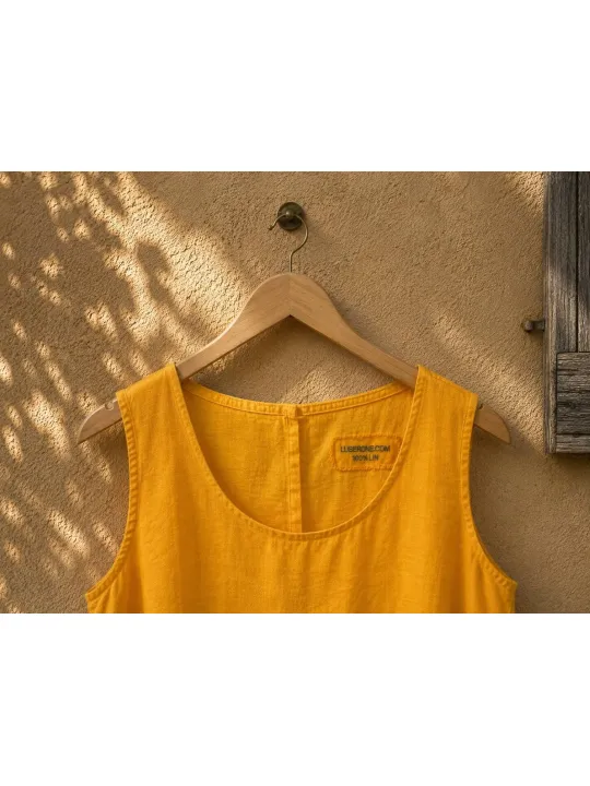 Robe en lin femme moutarde sans manches Lourmarin col et étiquette