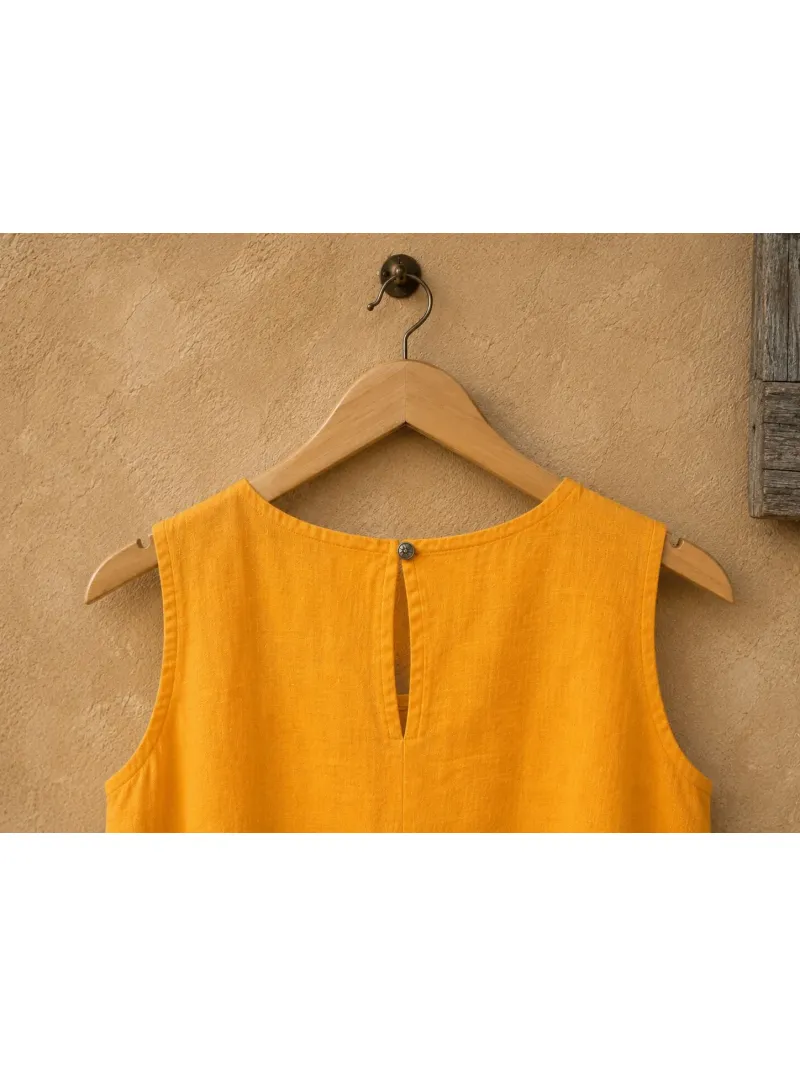 Robe en lin femme moutarde sans manches Lourmarin bouton et fermeture au dos