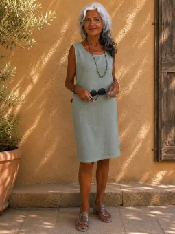 Robe en lin femme gris vert sans manches Lourmarin vue de face