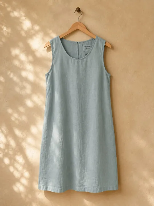 Women's grey green linen dress, sleeveless Lourmarin on a hanger