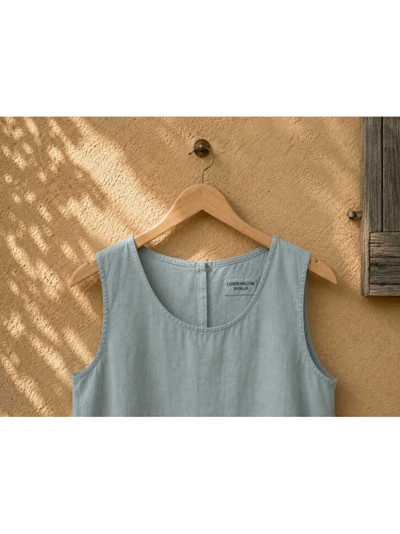 Women's grey green linen dress, sleeveless Lourmarin collar and label