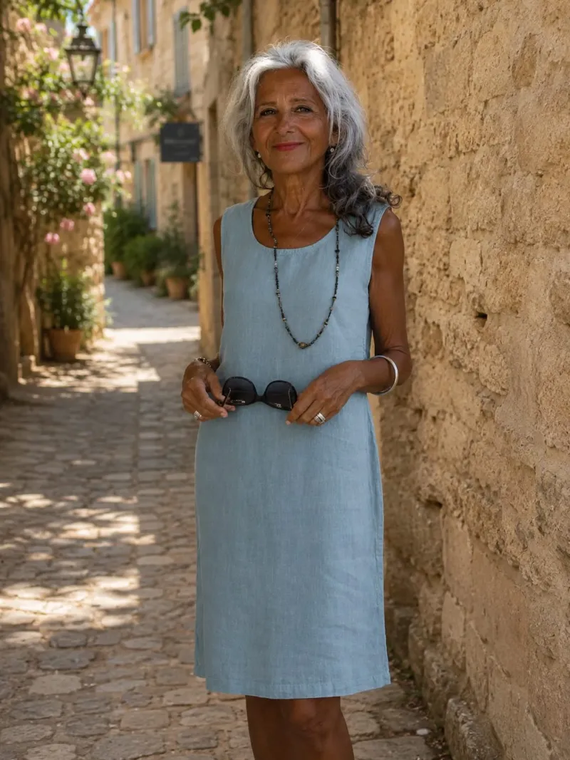 Women's grey green linen dress, sleeveless Lourmarin worn in a Luberon village alley