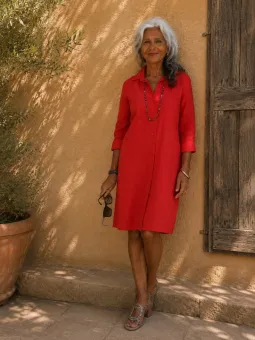 Robe chemise en lin femme rouge à manches 3/4 Ménerbes vue de face