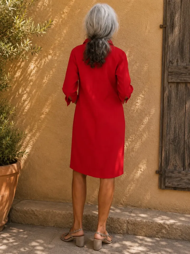 Red linen shirt dress for women with 3/4 sleeves Ménerbes back view