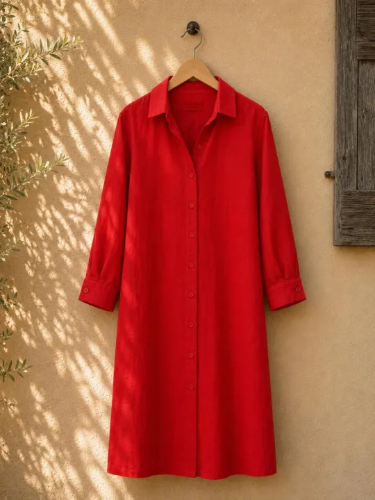 Red linen shirt dress for women with 3/4 sleeves Ménerbes on a hanger