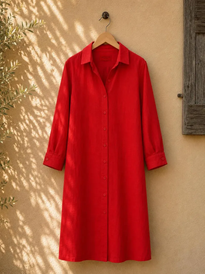 Red linen shirt dress for women with 3/4 sleeves Ménerbes on a hanger