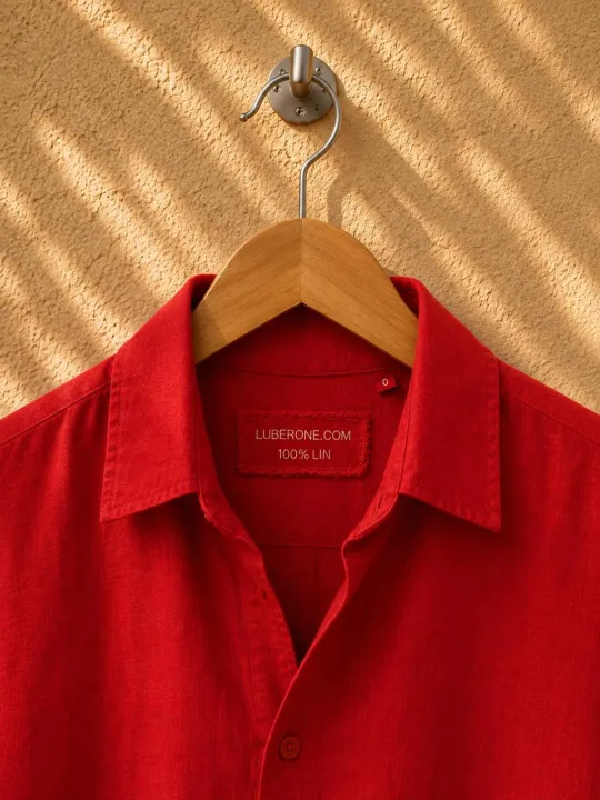 Collar and label of a red linen shirt dress for women Ménerbes