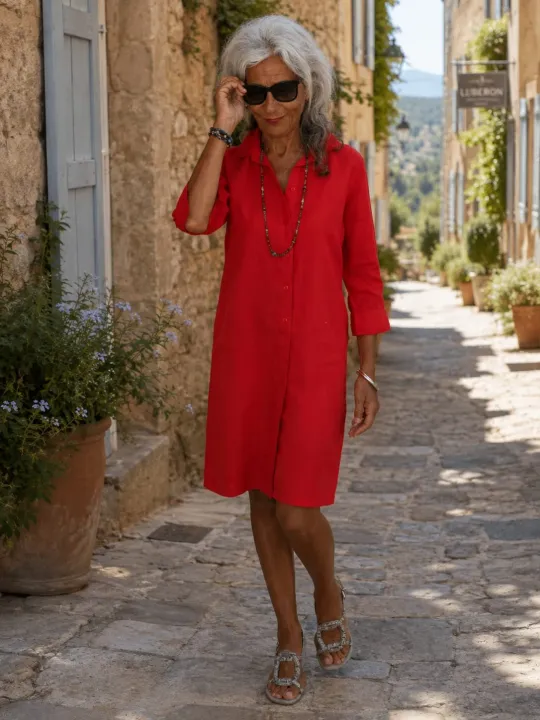 Red linen shirt dress for women with 3/4 sleeves worn in the Luberon