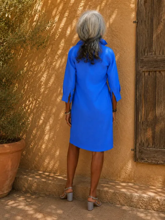 Royal blue linen shirt dress for women with 3/4 sleeves Ménerbes back view