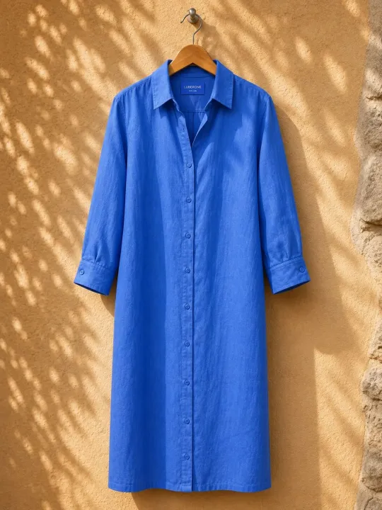 Robe chemise en lin femme bleu roi manches 3/4 Ménerbes sur cintre