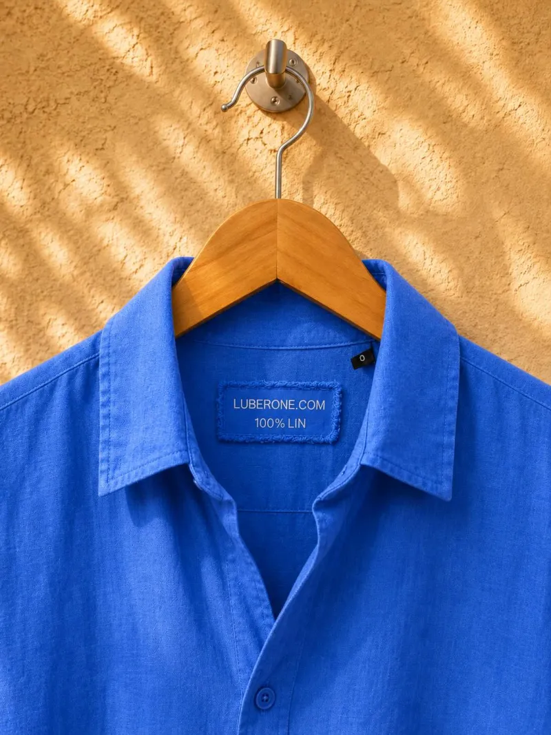 Col et étiquette d'une robe chemise en lin femme bleu roi Ménerbes