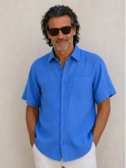 Chemise en lin homme bleu roi à manches courtes Bonnieux vue de face