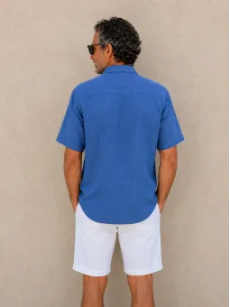 Royal blue short sleeve linen shirt for men Bonnieux back view