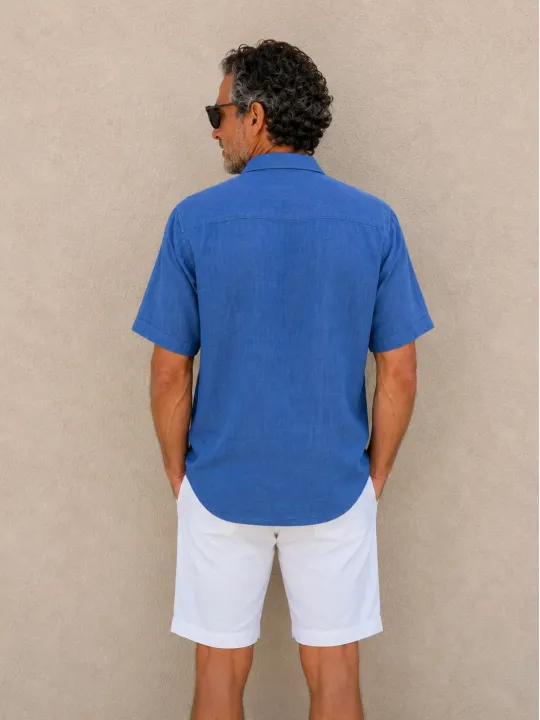 Chemise en lin homme bleu roi à manches courtes Bonnieux vue de dos