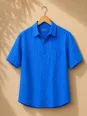 Royal blue short sleeve linen shirt for men Bonnieux on hanger