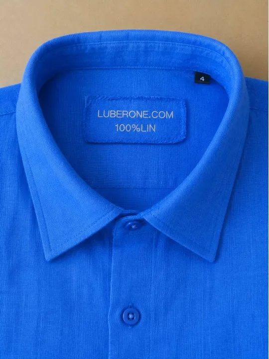 Col et étiquette d'une chemise en lin homme bleu roi Bonnieux