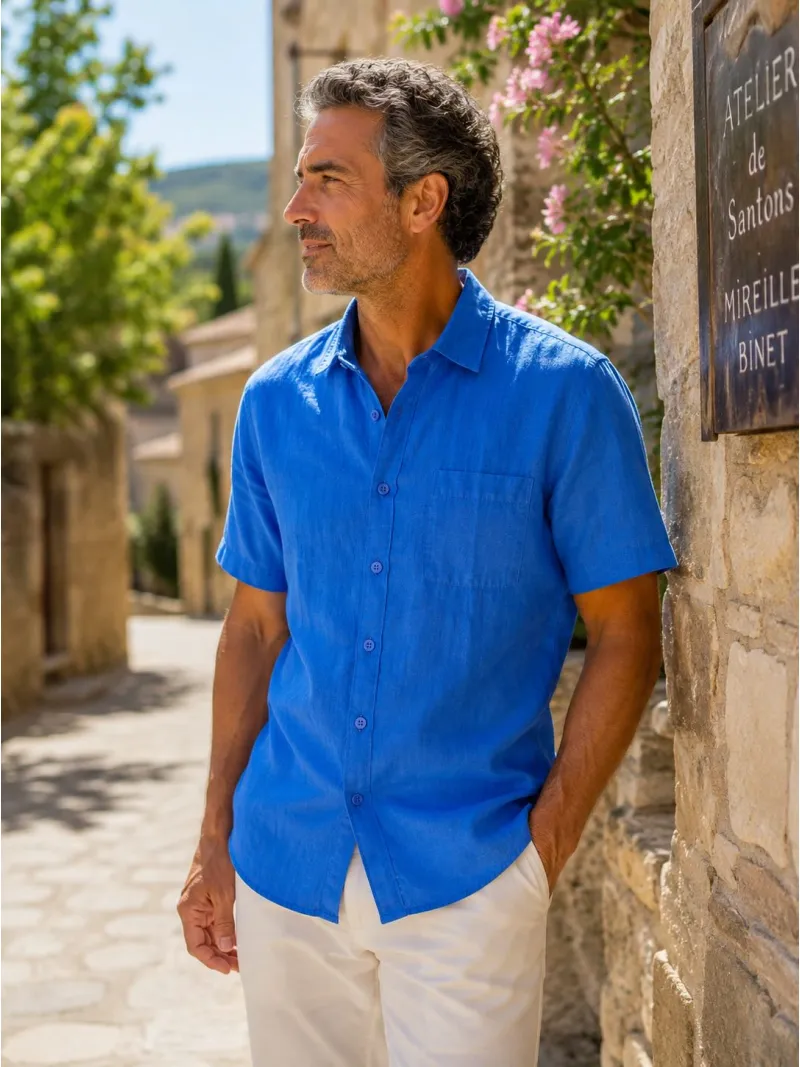 Chemise en lin homme bleu roi à manches courtes Bonnieux portée en lifestyle