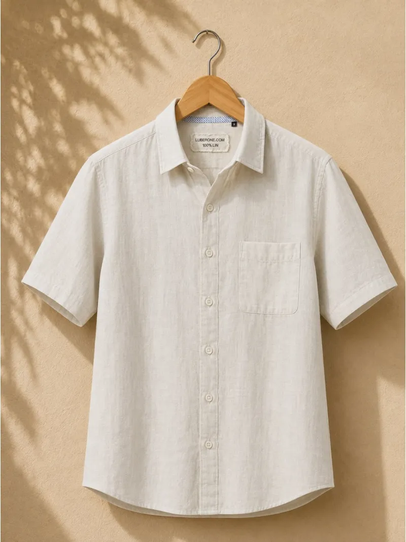 Chemise en lin homme sable à manches courtes Bonnieux sur cintre