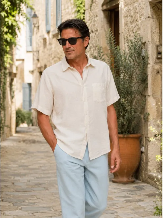 Chemise en lin homme sable à manches courtes Bonnieux portée dans une ruelle du Luberon