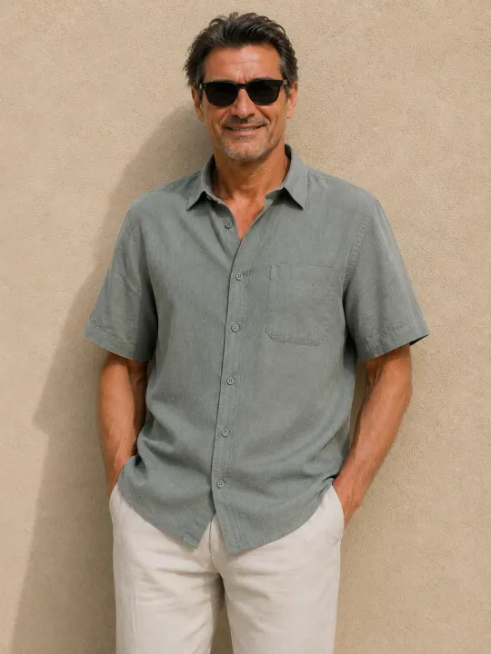 Chemise en lin homme gris vert à manches courtes Bonnieux vue de face