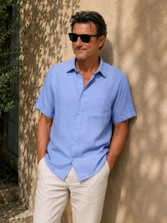 Lilac men's linen shirt with short sleeves Bonnieux front view