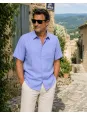 Lilac men's linen shirt with short sleeves Bonnieux worn in a Luberon village street