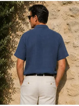 Navy men's linen shirt with short sleeves Bonnieux back view
