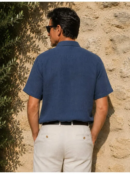 Chemise en lin homme marine à manches courtes Bonnieux vue de dos