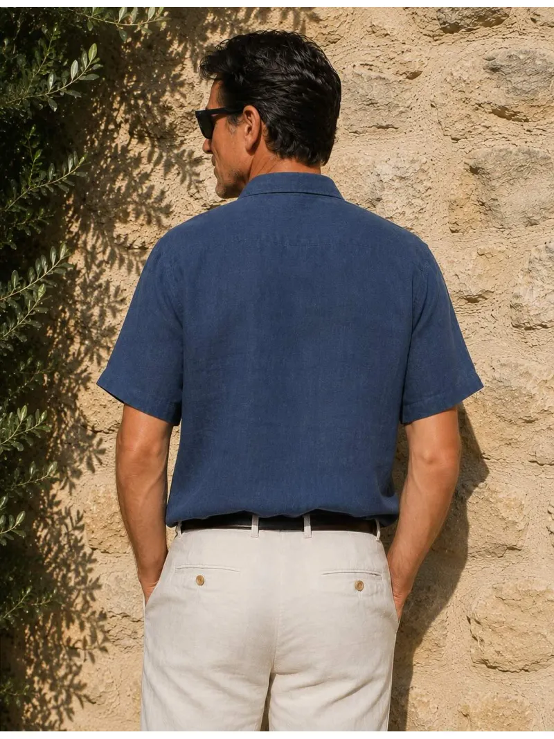 Chemise en lin homme marine à manches courtes Bonnieux vue de dos