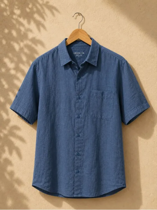Chemise en lin homme marine à manches courtes Bonnieux sur cintre en bois