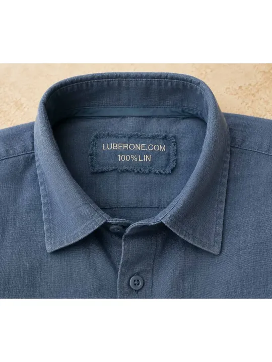 Collar and label of a navy men's linen shirt Bonnieux